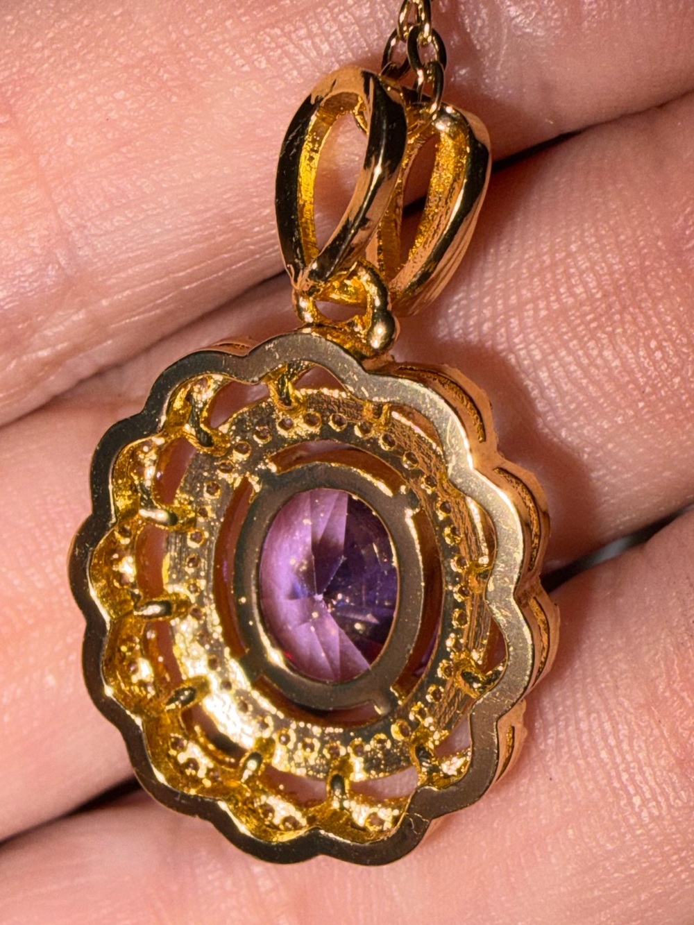 Gold Pendant Necklace with Purple Crystal Halo - Elegant Women's Jewelry - Picture 5 of 5